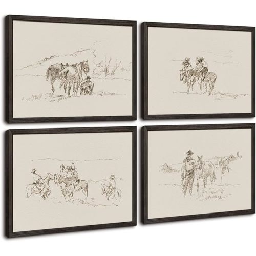 Western Cowboy Wall Art Vintage Canvas Wall Decor Prints Neutral Wall Art Southwest Cowboy Poster Black White Cowgirl Painting Western Vintage Pictures for Bedroom Bathroom 8x10x4 Inch Wood Framed