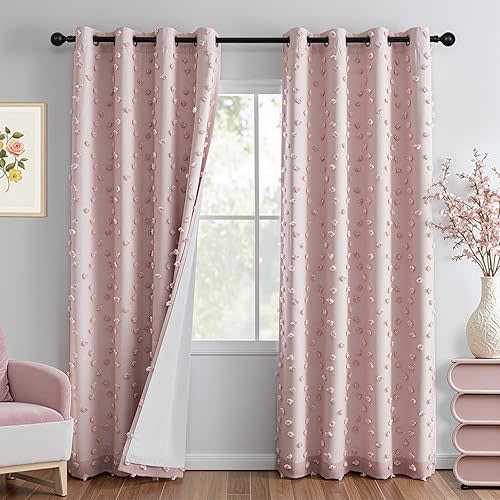 MYSKY HOME Pink Blackout Curtains for Girls Bedroom 84 Inches Long Total Light Blocking Blush Nursery Curtain 2 Panels Room Darkening Grommet Window Drapes with Pom Pom Sheer for Living Room 52W x 84L