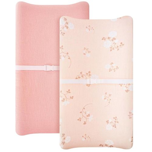 2 Pack Muslin Changing Pad Cover for Baby Girls Boys, 100% Cotton Fitted Baby Diaper Changing Table, Soft and Breathable Changing Pad Sheets, Pink