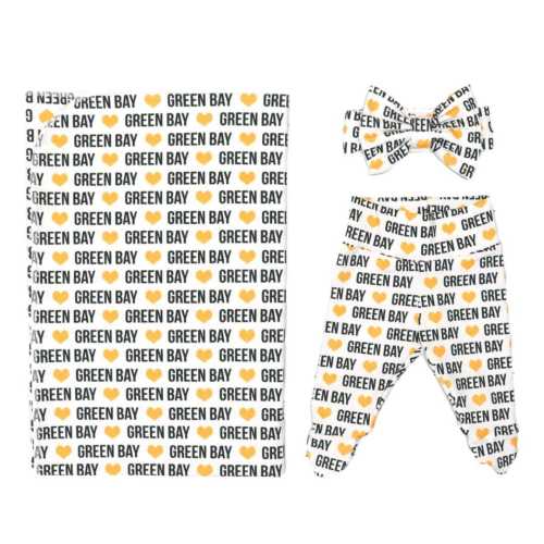 Green Bay - Handmade Cotton Swaddle + Outfit Set | Green & Gold | Wisconsin Football | Gender Neutral | Newborn Size | Footie Pants, Bow Hat