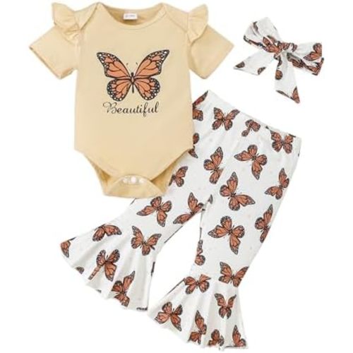 SUNNY PIGGY Baby Girl Clothes Newborn Infant Ruffle Romper Butterfly Floral Cotton Pants Set Girls Clothing Outfit