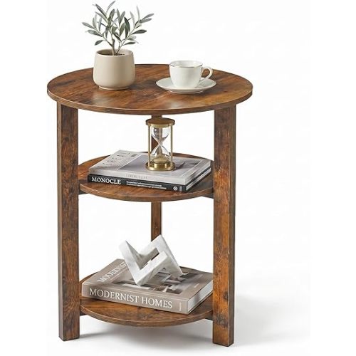 Farmhouse 3-Tier Round Side Table, 17.7*21.7inch End Table with Open Storage Shelf, Circular Nightstand Accent Table for Living Room, Bedroom,Wooden Table for Narrow and Small Spaces,Rustic Brown