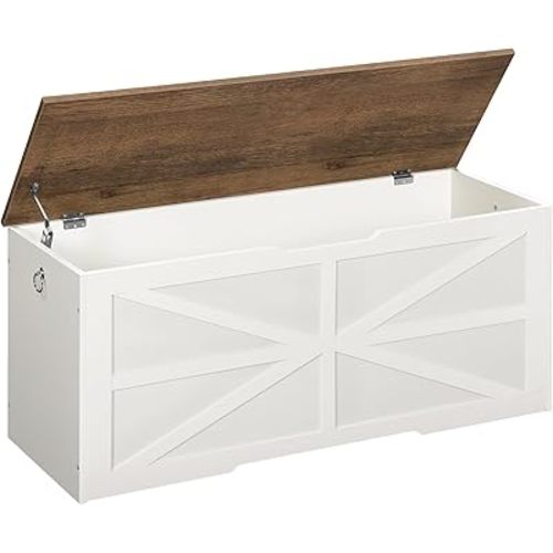 Storage Chest, 43.3" Toy Chest Storage, Farmhouse Storage Bench with Safety Hinge, Storage Trunk, for Bedroom, Living Room, Walnut and White MCW11WL