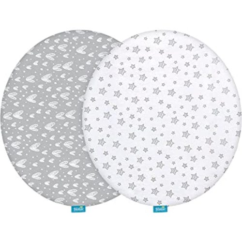 Bassinet Sheets Compatible with Fisher-Price On-The-Go Baby Dome, 2 Pack, 100% Jersey Knit Cotton Fitted Sheets, Breathable and Heavenly Soft, Grey Hearts and White Stars Print for Baby
