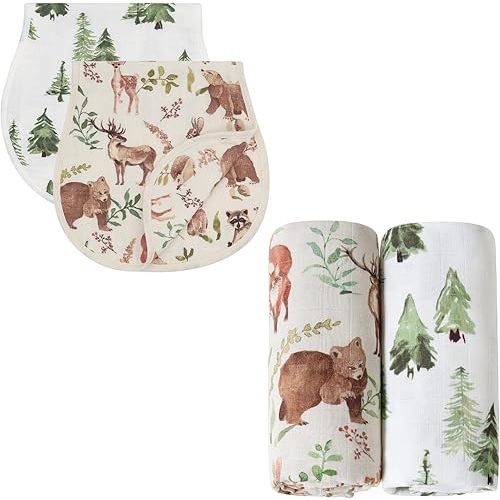 LifeTree Muslin Swaddle Blankets Neutral and Baby Burp Cloths for Newborn Girls Boys, 70% Viscose from Bamboo and 30% Cotton, Woodland Animals & Pine Tree