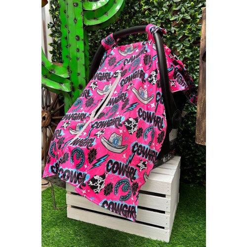 Pink Girls Cowgirl Cactus Rodeo Western Cow Print Minky Baby Car Seat Cover