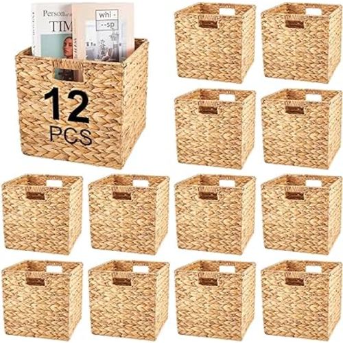 Jinei 12 Pieces Wicker Storage Basket Handwoven Water Hyacinth Storage Baskets Cube Storage Bin with Handles Woven Baskets Laundry Bins for Cube Organizer Shelves Bedroom (10 x 10 x 10 Inch)