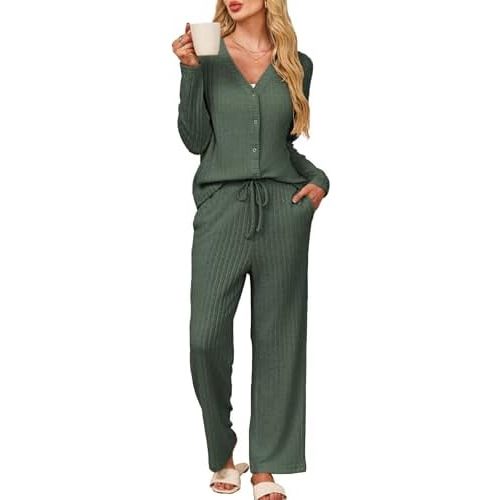 Kikibell Womens Pajamas Sets Button Down Lounge Set 2 Piece Sleepwear Loungewear Long Sleeve Pjs with Pocket Fall Outfits