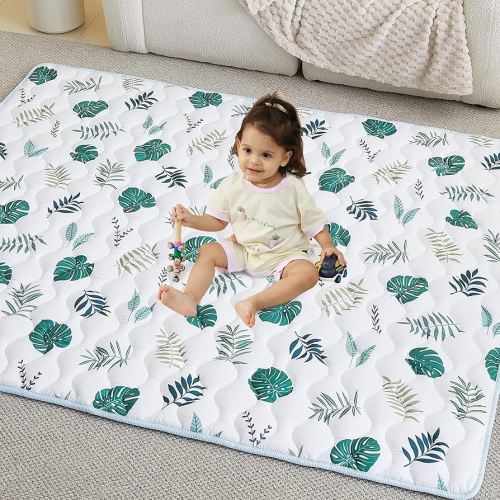 Baby Play Mat 71" X 59", Extra Thicker & Large Baby Mat for Floor, Soft Non-Slip Cushioned Play Mats for Babies, Toddlers, Foldable and Washable Baby Play Mat Green Leaf