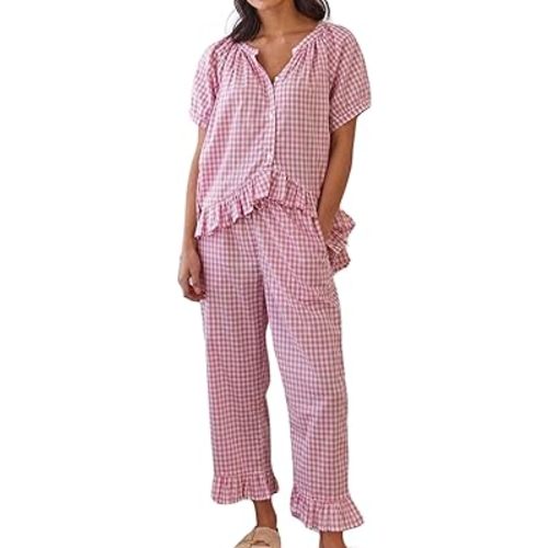 Womens Gingham Pajama Set 2 Piece Short Sleeve Babydoll Shirt and Pants Lounge Set Cute Sleepwear