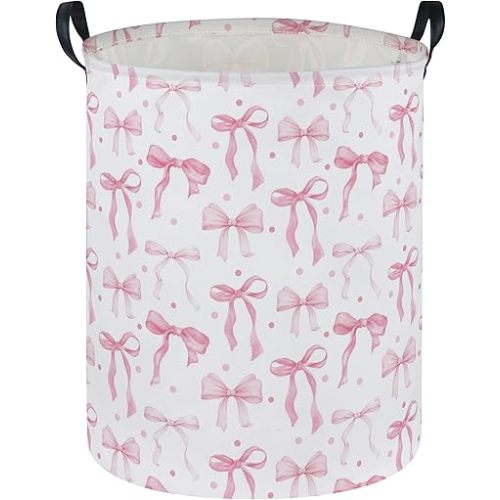 Girls Laundry Basket Pink Hamper for Nursery Bowkont Hamper Cute Kids Storage Bin Organizer Room Decor for Home(Pink bowkont)
