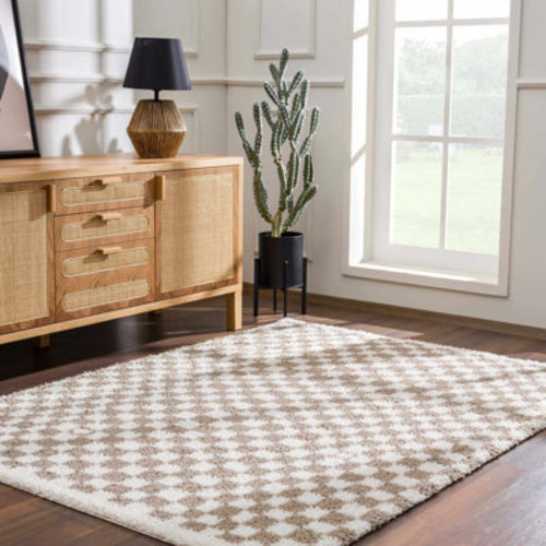 Wade Logan® Cabble Rectangle Checkered Machine Woven Polyester Area Rug in Tan/White & Reviews | Wayfair
