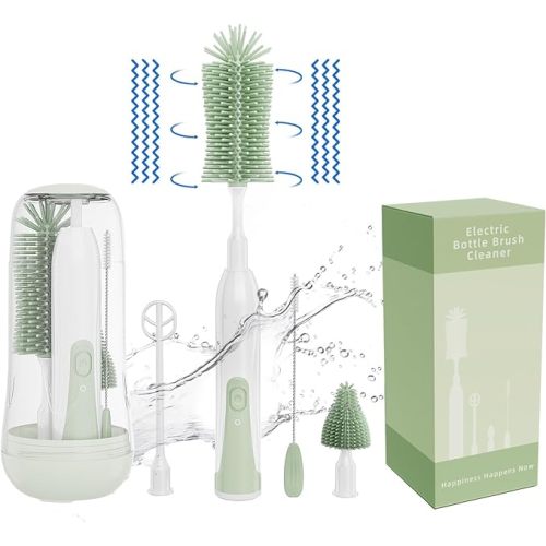 Electric Bottle Brush Cleaner, Silicone Bottle Brush, Rechargeable Electric Baby Bottle Brush, 2 Modes & 360° Rotation, Bottle Cleaning Set for Travel - Sage Green