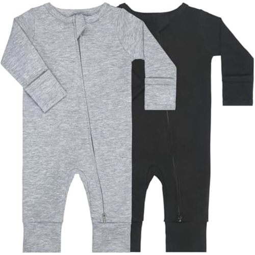 GUISBY Cotton Sleepers Footless Pajamas with Zipper and Mittens Long Sleeve Rompers for Baby