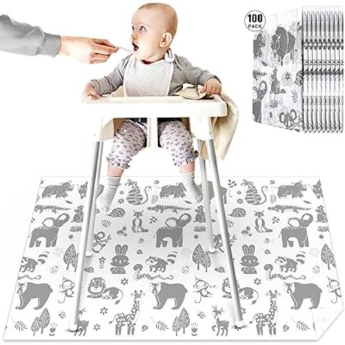 100 Pack 28"x47" Splat Mat for Under High Chair, Disposable Mats with Animals Print, Waterproof High Chair Mat Plastic Floor Mat Multipurpose Mat Baby Led Weaning Supplies (Forest Animal)