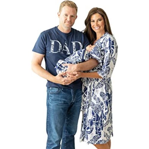 Baby Be Mine Maternity Nursing Delivery Robe & Baby Girl Swaddle Blanket Set with Daddy T-Shirt (Small/Medium Robe -X Large Tshirt, Serra)