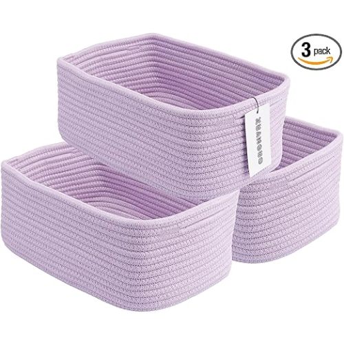 Small Woven Storage Baskets 12“X8”X5“ Decorative Rope Bins for Organizing Shelves, Closets, and Toys, Empty Gift Baskets, Cute Organizer Basket for Home and Office (purple, regular)