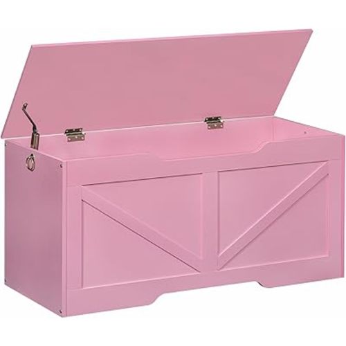 HOOBRO Storage Bench, 39.4" Retro Wooden Storage Chest with U-Shaped Cut-Out Pull, Safety Hinge, Supports 220 lb and Easy Assembly for Toy Box Organizer (Pink) PK771CW01