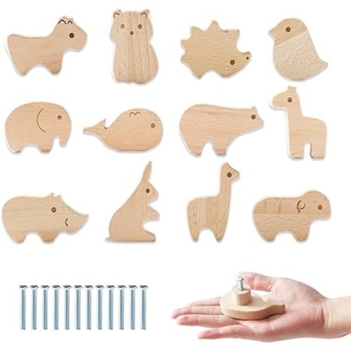 Wooden Animal Cabinet Knobs Decorative Wood Dresser Knobs with Screws Nursery Dresser for Kids Girls Boys Furniture Nursery Drawer Handles for Decor (12 Pack)