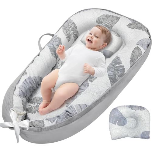 JIFTOK Baby Nests Lounger for Newborn, Snuggle Sleeping Bassinet for 0-24M, Breathable Portable Co Sleeping Bed, Baby Essentials Adjustable Infant Soft Cotton Loungers for Home & Travel -Leaves