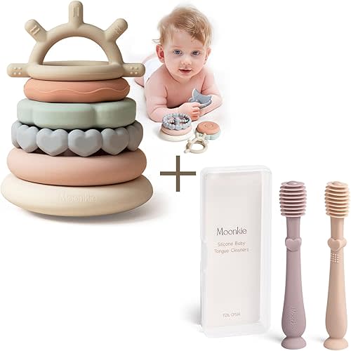 Moonkie Baby Stacking Rings Teething Toy & Tongue Cleaner Set | Educational Soft Silicone Toy & Oral Care Kit for Infants 3 Months+