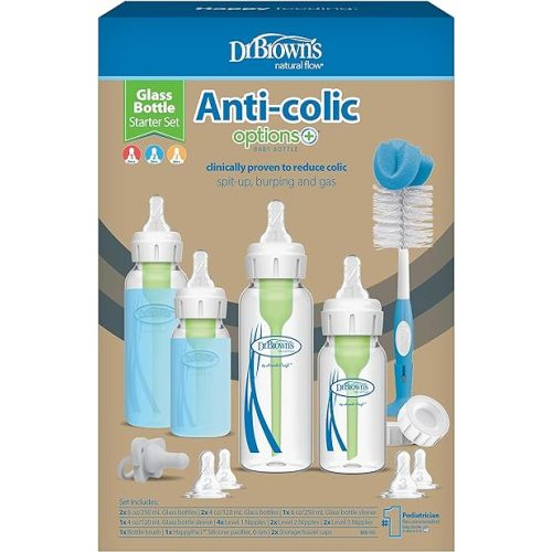 Dr. Brown's Natural Flow® Anti-Colic Options+™ Narrow Glass Baby Bottle Starter Set with Silicone Sleeves,Brush and Soft 100% Silicone HappyPaci™ Pacifier for Newborns