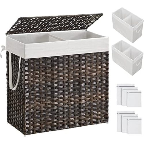 SONGMICS Laundry Hamper with Lid, 130L Clothes Hamper with 2 Removable Liner Bags and 6 Mesh Bags, Wicker Laundry Basket, Double Laundry Hamper for Bathroom, 13 x 26 x 23.6 Inches, Brown ULCB253K01