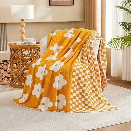 Checkered Throw Blanket, Yellow Flower Blanket for Couch, 50"x60" Soft Plaid Knit Blanket for Home Decor, Reversible Checkerered Blankets for Sofa, Chair, Bed