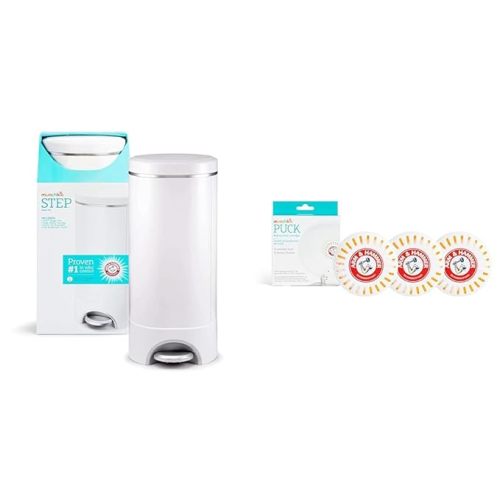 Munchkin® Step™ Diaper Pail Powered by Arm & Hammer, 1 in Odor Control, Award-Winning, Includes 1 Snap, Seal & Toss™ Bag, 1 Starter Refill Ring, and 4 Puck™ Baking Soda Cartridges - Diaper Pail + 3pk Puck