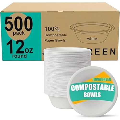 500 Count 12 oz Paper Bowls, Disposable Compostable Bowls Bulk, Heavy Duty Biodegradable Bagasse Bowl for Snacks, Soup, and Salads, White