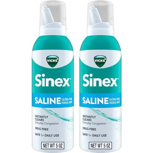 Vicks Sinex SALINE Nasal Spray, Drug Free Ultra Fine Mist, Clear Everyday Sinus Congestion Fast, Clear Mucus from a Cold or Allergy, Daily Use 5.0 fl oz x 2