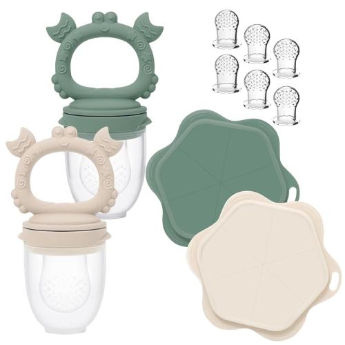 Ginbear Baby Fruit Food Feeder & Popsicle Molds Combo (Set of 2), Silicone Teething Feeders with Freezer Tray for Infants 4 Months+ (Dark Sage/Ivory)
