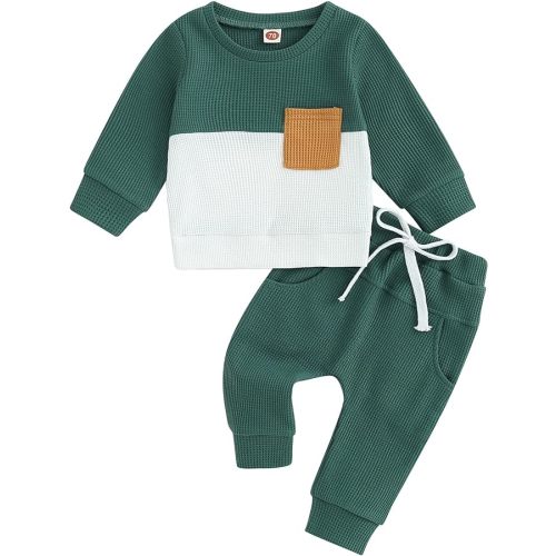 Toddler Baby Boy Fall Clothes Waffle Contrast Color Sweatshirt Pants Sets Infant Winter Outfits 6 12 18 24 Months