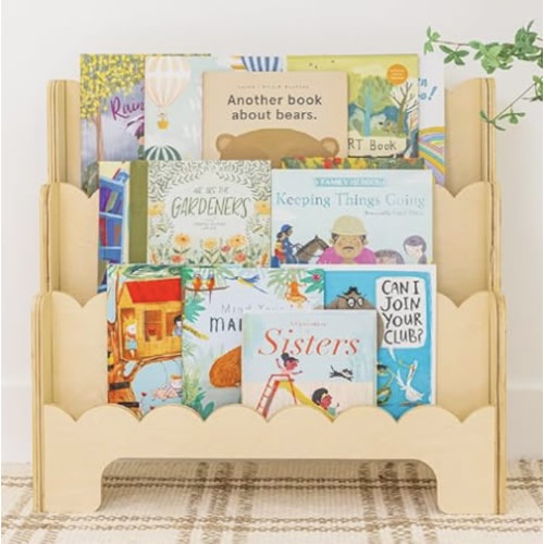 Toddler Bookshelf with Scalloped Shelves to Show Covers of Books - 3-Tier Montessori Kids Bookcase for Bedroom, Playroom, Nursery, or Classroom - Wooden Kid Book Shelf Rack for Floor