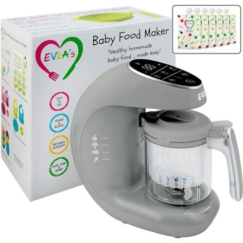 Baby Food Maker | Baby Food Processor Blender Grinder Steamer | Cooks & Blends Healthy Homemade Baby Food in Minutes | Self Cleans | Touch Screen Control | 6 Reusable Food Pouches - Gray
