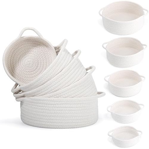 VOOWO Set of 5 Rope Basket, Round Small Woven Baskets for Storage, Gift Basket Empty, Small Cotton Rope Baskets for Organizing, Home Decor Coiled Baskets, Montessori Shelf Toy Storage (White)