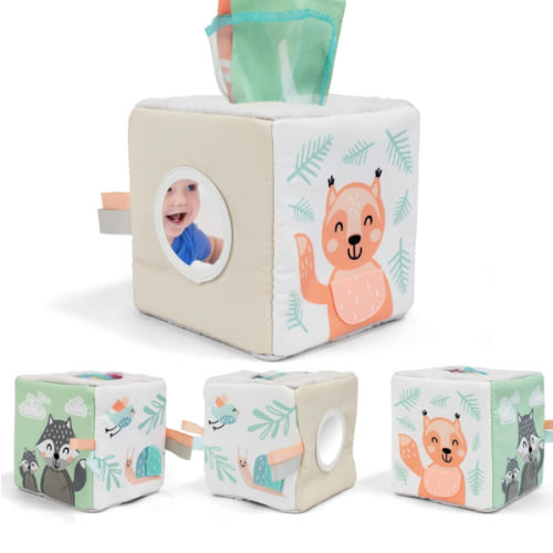 Fun Baby Tissue Box with Stimulating Mirror For Endless Entertainment - Soft Montessori Toy w/ Crinkle Paper & Fabric Tissues - The Perfect Sensory Toy For Newborn/Infant Development From 6-12+ Months