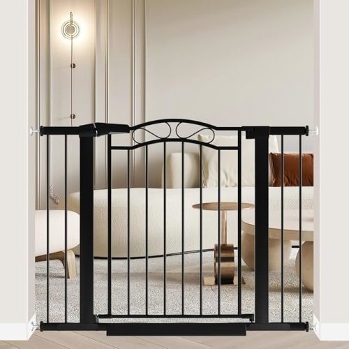 Black Baby Gate with Door-Walk Through Baby Gates for Stairs Pressure Mounted no Drill-Indoor Tension Metal Child Pet Dog Safety Gate 40.55"-43.31" Wide