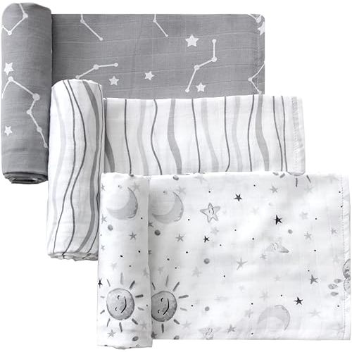 Little Grape Land Muslin Baby Blankets, 100% Cotton Muslin Blankets, Large Size Baby Receiveing Blankets, Neutral Soft Swaddle Blankets for Newborns - Grey / 47x47in, 3 Pack