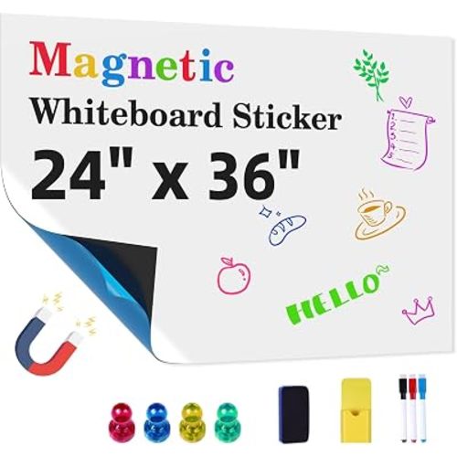 Magnetic Whiteboard Contact Paper 24" x 36" Peel and Stick Dry Erase White Board for Wall Self-Adhesive Decal Wallpaper Sticker for Office, Home, with Marker, Eraser and Magnet