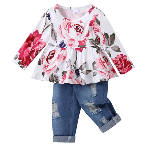 CARETOO Girls Clothes Outfits, Cute Baby Girl Floral Short Sleeve Pant Set Flower Ruffle Top