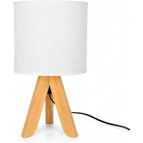 Wooden Tripod Table Lamp, Small Bedside Lamp with Linen Fabric Shade, Modern Minimalist Nightstand Lamp for Bedroom, Living Room, Office, Dorm Room, E26 Base