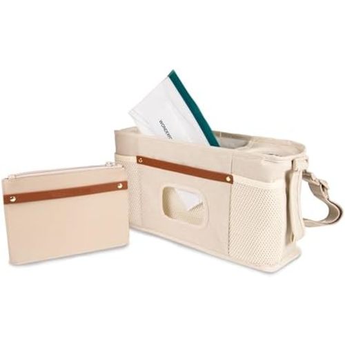 WONDERFOLD Universal Parent Console Stroller Organizer with Insulated Cup Holders, Hook & Loop Closure Handle Attachment, 2 Storage Pockets, Removable Shoulder Strap for Easy Transport