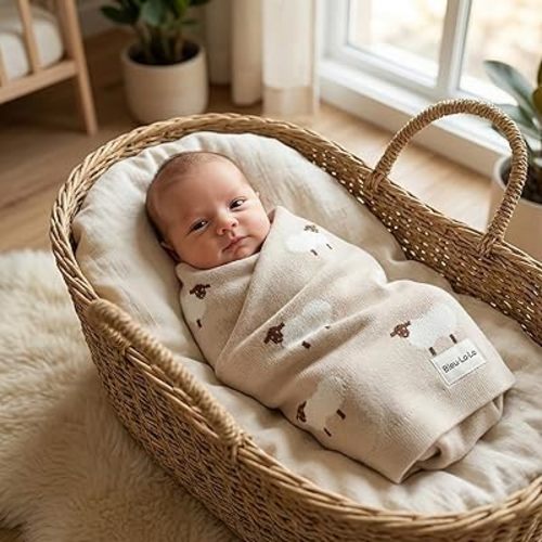 Baby Swaddle Blanket - 100% Luxury Cotton Knit Soft Cozy Lightweight Unisex Receiving Stroller Quilt Blanket for Shower Gift Registry for Newborns Infants Toddlers (Sheep - Khaki)