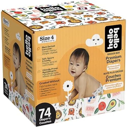 Hello Bello Diapers, Size 4 (22-37 lbs), 74 Count of Premium Disposable Baby Diapers in Wildcats and Snacktime Designs, Hypoallergenic with Soft, Cloth-Like Feel