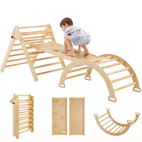5 In 1 Pikler Triangle Gym, Montessori Foldable Wooden Climbing Set with Ramp, Arch Climber and Rocker, Toddlers Climbing Triangle Learning Waldorf Children Jungle Gym for Kids 2-6 Years (Natural)