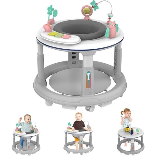 Baby Walker, Baby Walker with Wheels, Baby Walker with Music and Lights, Baby Walkers and Activity Center for Boys Girls Babies 6-12 Months, 5 Adjustable Heights, Detachable Toys and Bounce Foot Pad