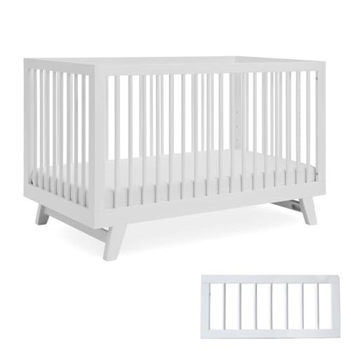 3-in-1 Astin Convertible Baby Crib - Including Toddler Guard Rail, Grows with Your Baby, Converts to Toddler Bed & Day Bed, 4 Adjustable Support Base Height | White with Guard Rail