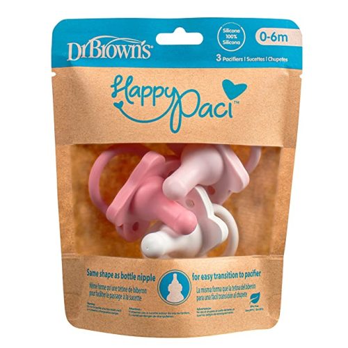 Dr. Brown's HappyPaci 100% Silicone Baby Pacifier, Contoured One-Piece Design, White, Pink, Light Pink, 0-6m, BPA-Free, 3 Pack