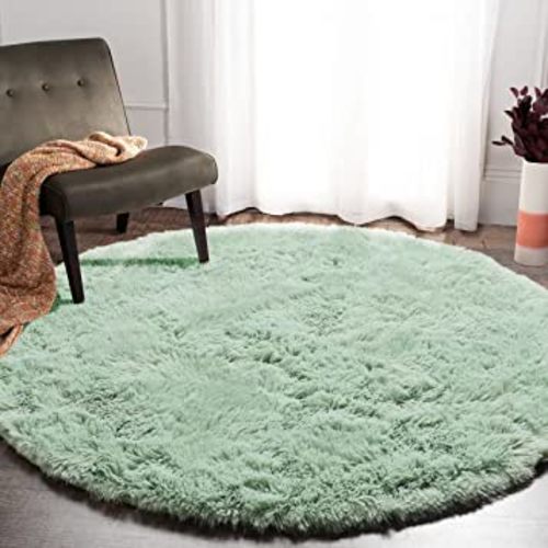 Sage Green Round Area Rug 6ft, Soft Bedroom Circle Rugs for Kids Girls Teen Room, Cute Furry Plush Shaggy Carpet Floor Mats for Nursery Living Room Playroom Home Decor Princess Castle